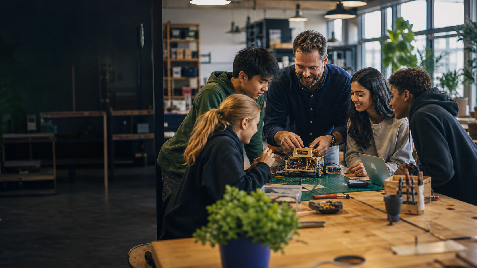 Students building a robotics project